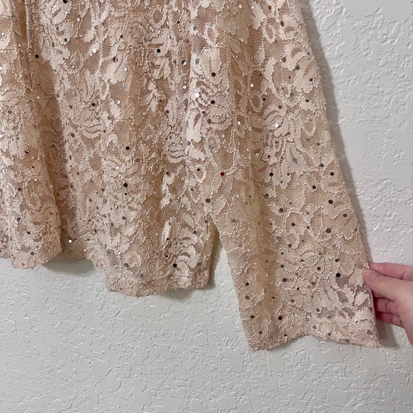Candelite Womens Cream Lace Sequin Cardigan Sheer Long Sleeve Open Front Top - Picture 3 of 6